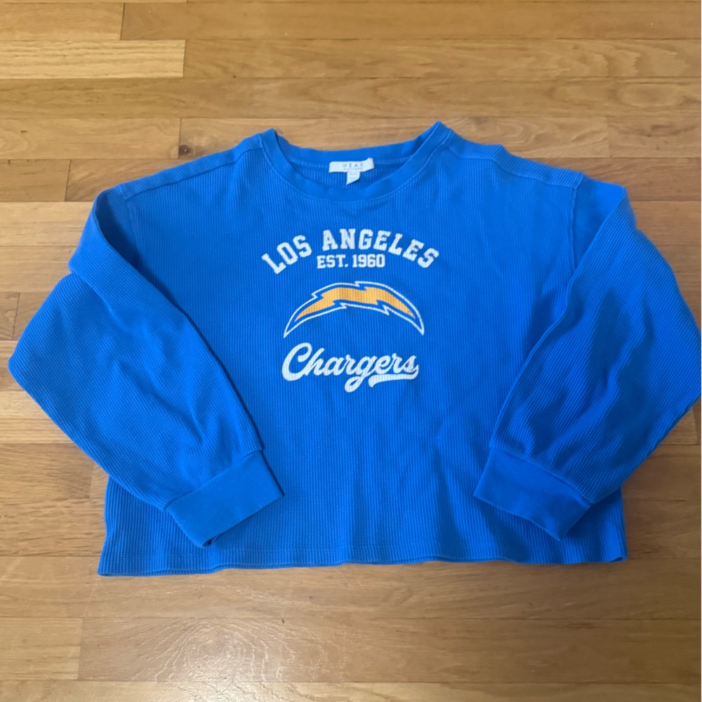 Women's WEAR by Erin Andrews Blue Los Angeles Chargers Waffle Knit Long Sleeve - Picture 4 of 7